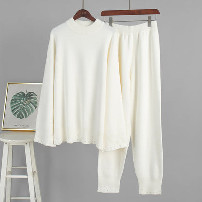 Ripped Sweater Set Women's Casual Knit Pants And Round Neck Sweater
