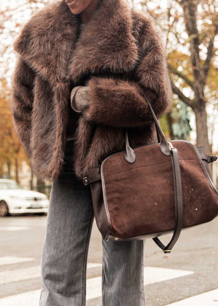 Faux Fur Jacket Plush Texture Dark Brown