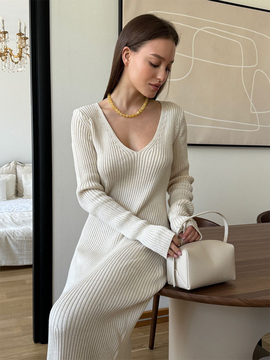 Solid Color Long Sleeve Bodycon Dress V-Neck Elegant Knit Dress