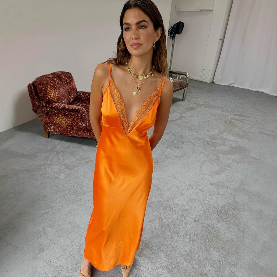 Lace Trim V-Neck Cami Maxi Dress