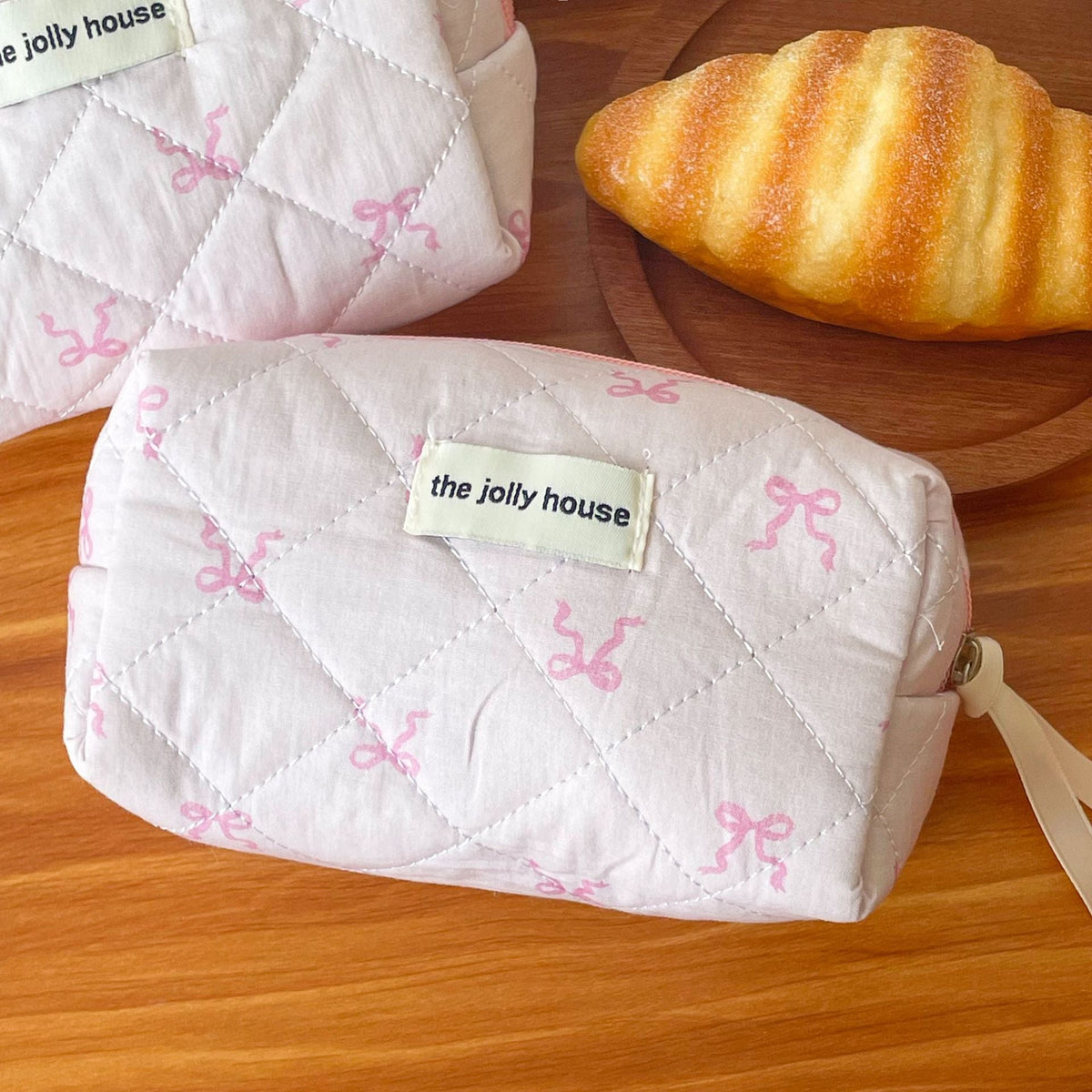 Pink Ribbon Bow Makeup Bag Quilted Pouch