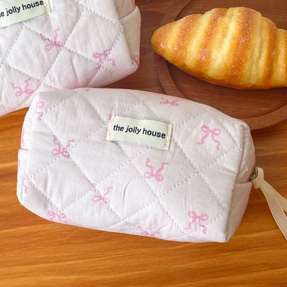 Pink Ribbon Bow Makeup Bag Quilted Pouch