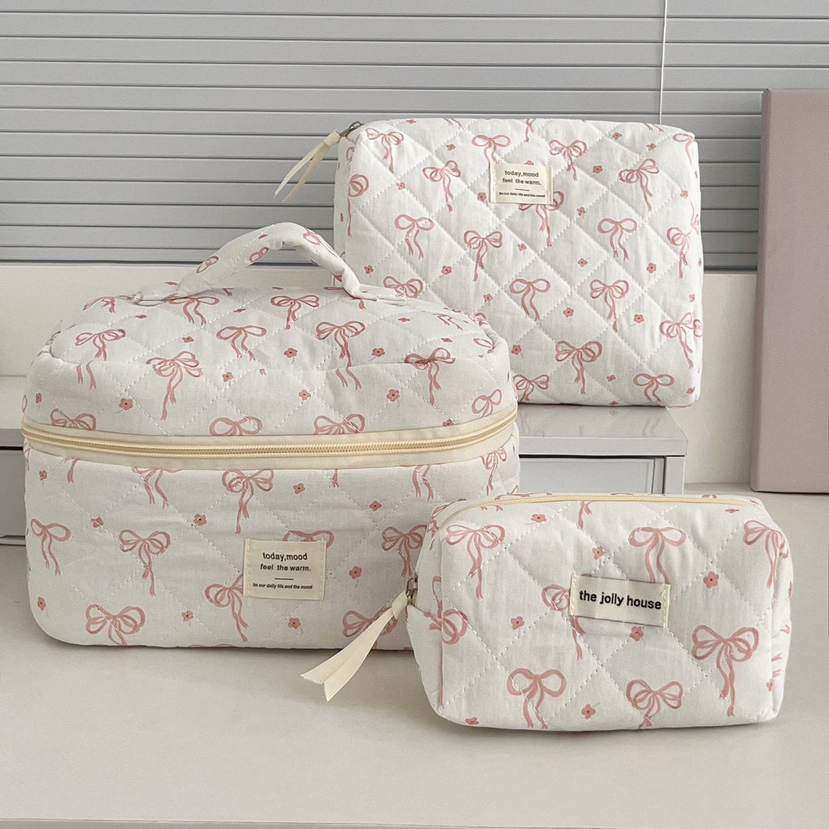 Pink Bow Print Sweet Portable Make Up Bag