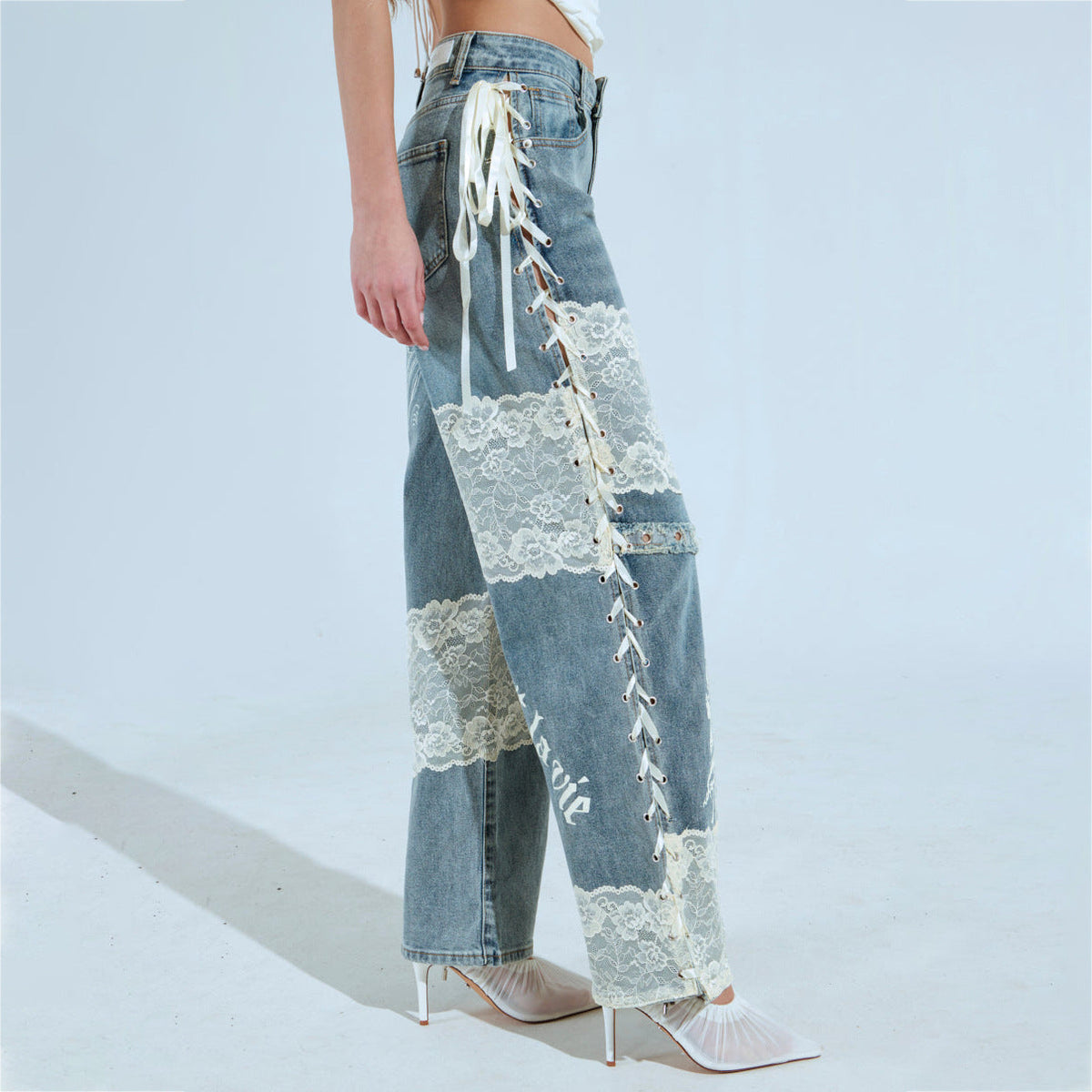 Lace Splicing Low Rise Straight Leg Jeans