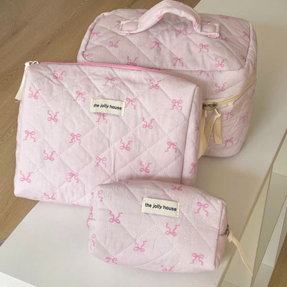 Quilted Makeup Bag with Bow Cute Portable Storage Bag