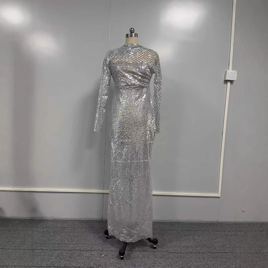 Silver Hollow Shoulder Sequined Dress