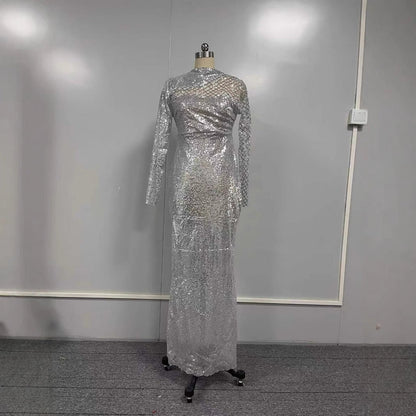 Silver Hollow Shoulder Sequined Dress