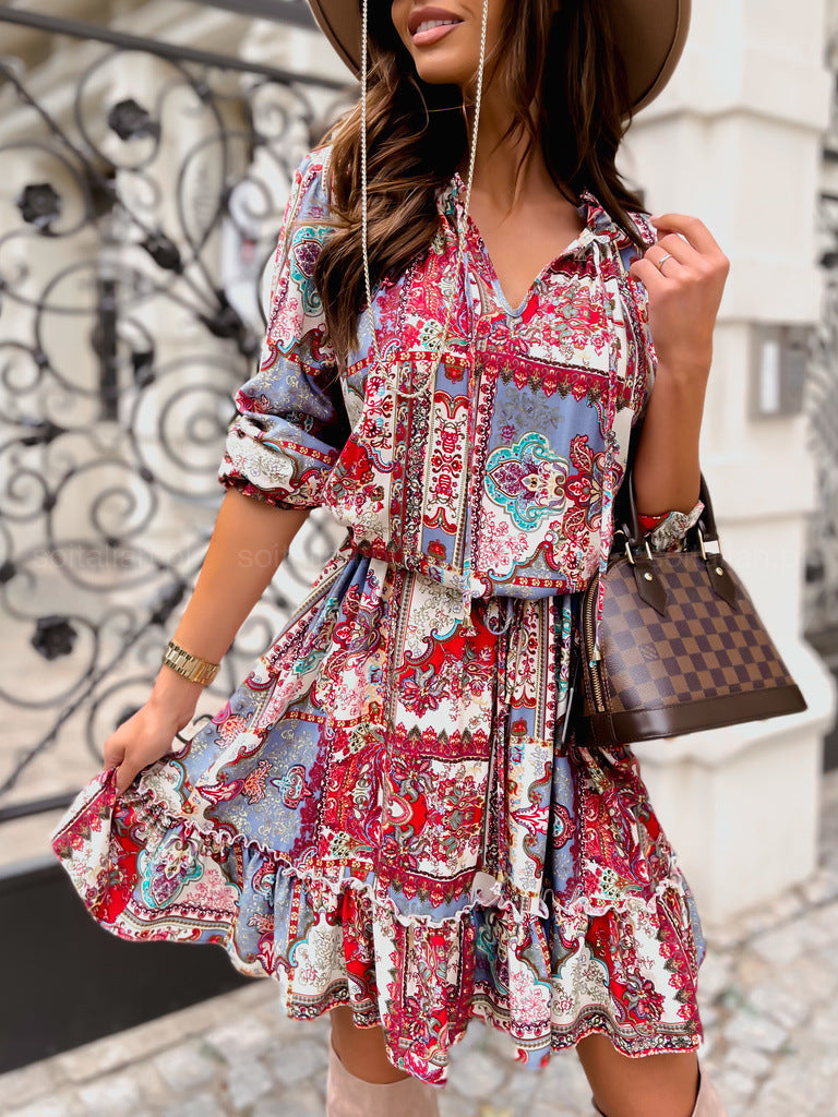 Printed Long-Sleeved Skirt Temperament Commuter Women'S Clothing