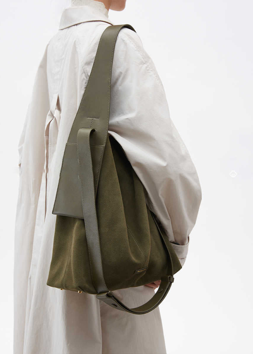 Suede Leather Bucket Tote Bag Brown Green