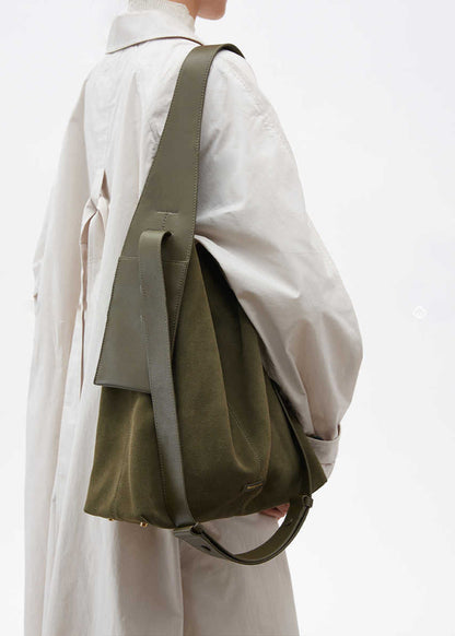 Suede Leather Bucket Tote Bag Brown Green