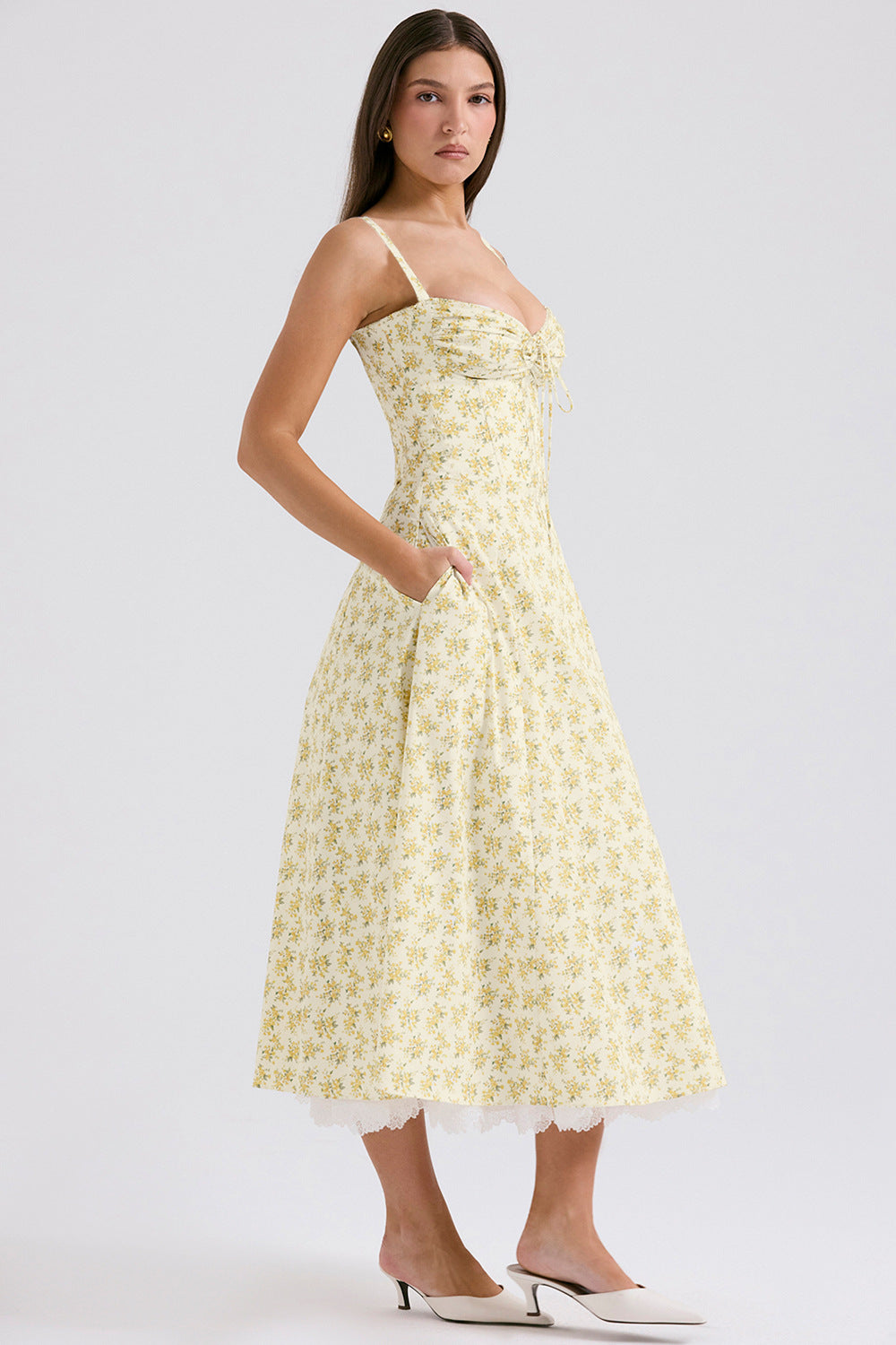 Slim Flower Print Lace Spaghetti Dress