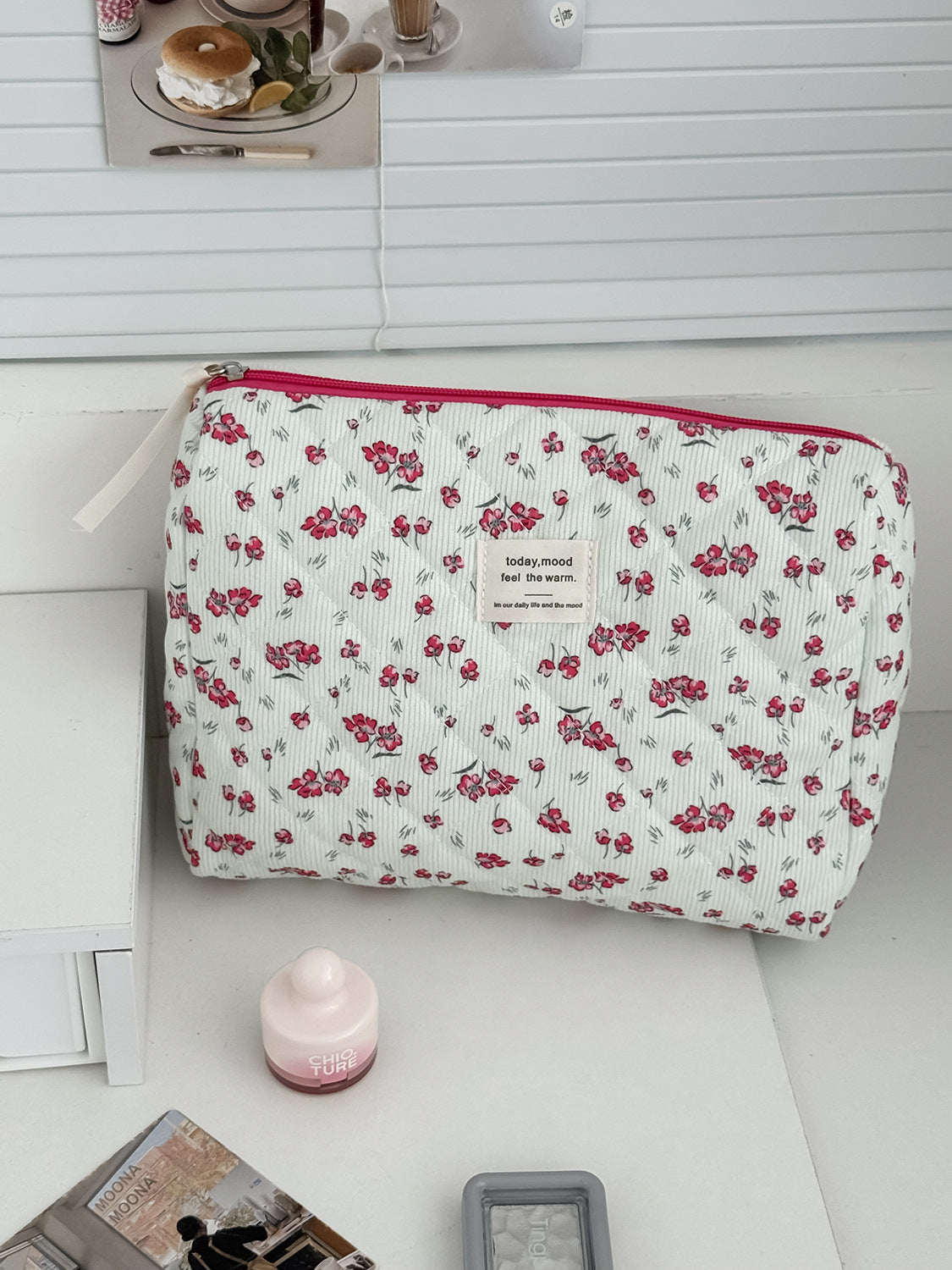 Floral Corduroy Makeup Bag Stylish Portable Toiletry Pouch