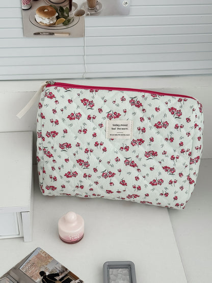 Floral Corduroy Makeup Bag Stylish Portable Toiletry Pouch
