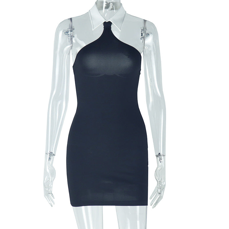 Backless Bodycon Dress Sleeveless Shirt Collar In Black
