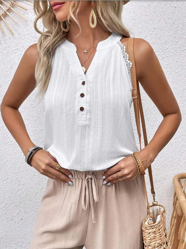 Summer Sweet Off Shoulder V-Neck Design Feel Shirt Sweet Bamboo Cotton Hanging Neck Top