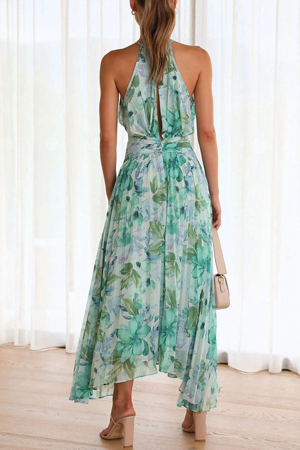 Summer Women'S Neck Hanging Sleeveless V-Neck Printed Large Swing Long Dress Dress