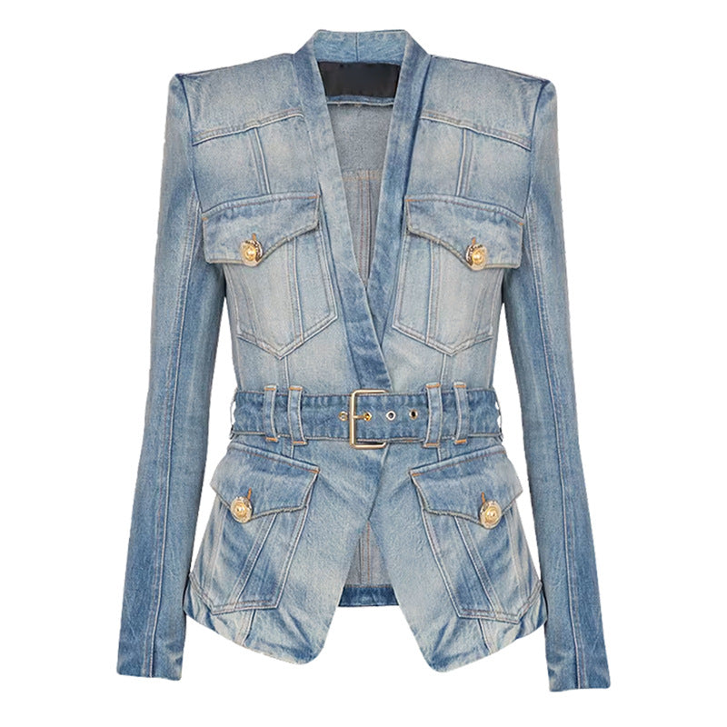 Water-Washed Denim Blazer with Slim Fit