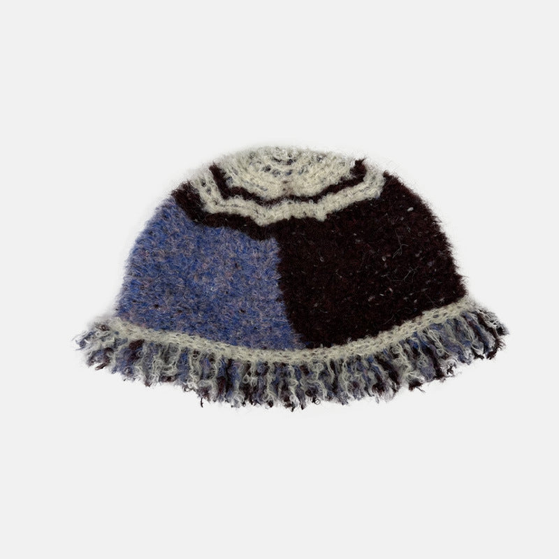 Handmade Wool Blend Color Block Fringe Knitted Beanie Hat