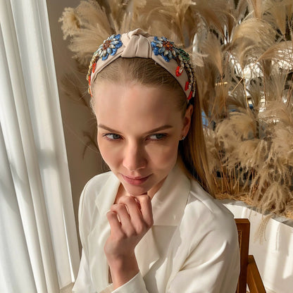 Stylish Hand-Stitched Embroidered Flowers Fabric Headband Personality Creative Diamond-Encrusted Knotted Headband For Women