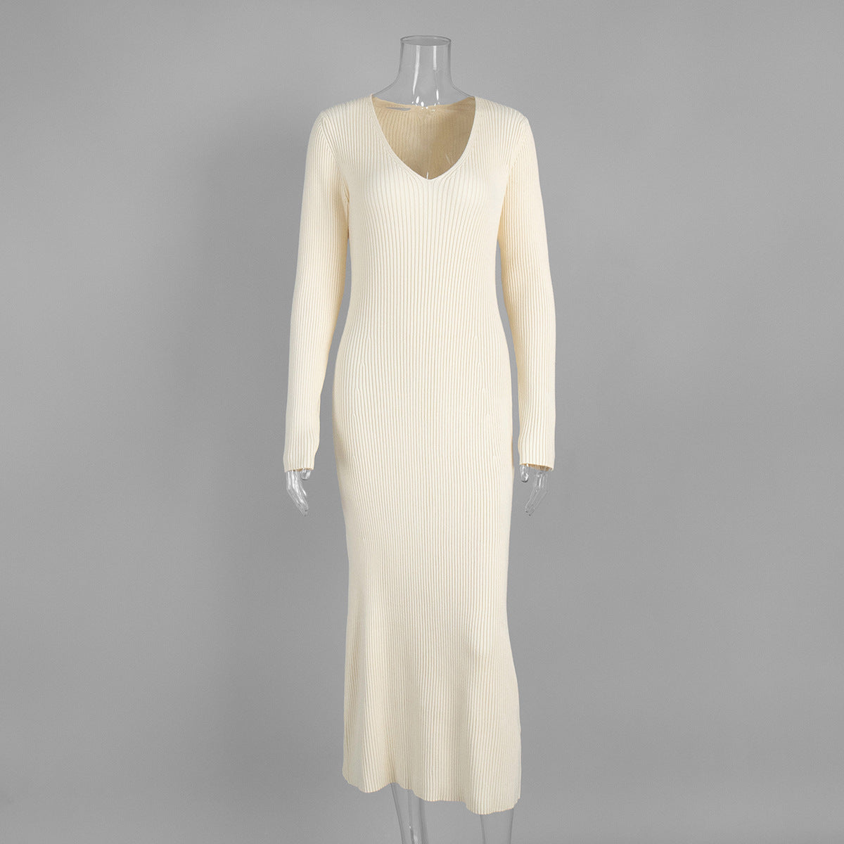Solid Color Long Sleeve Bodycon Dress V-Neck Elegant Knit Dress