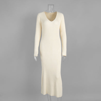 Solid Color Long Sleeve Bodycon Dress V-Neck Elegant Knit Dress