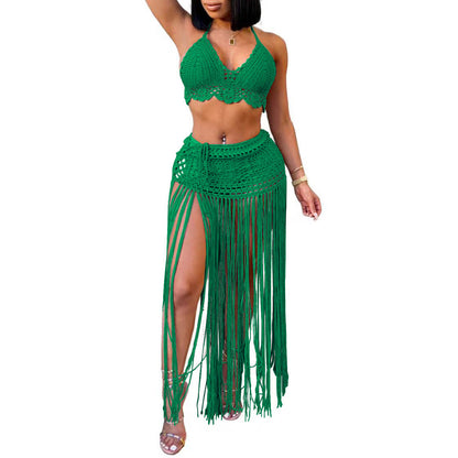 Women鈥檚 Crochet Beach Bikini Top With Fringe Skirt Two-Piece Set