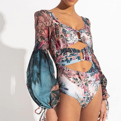 New Open Back Long Sleeved One Piece Swimwear High Waist Lace Up V-Neck Swimwear For Women Bikini
