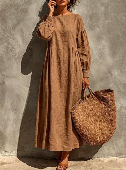 Linen Round Neck Balloon Sleeve Side Gather Midi Tent Dress
