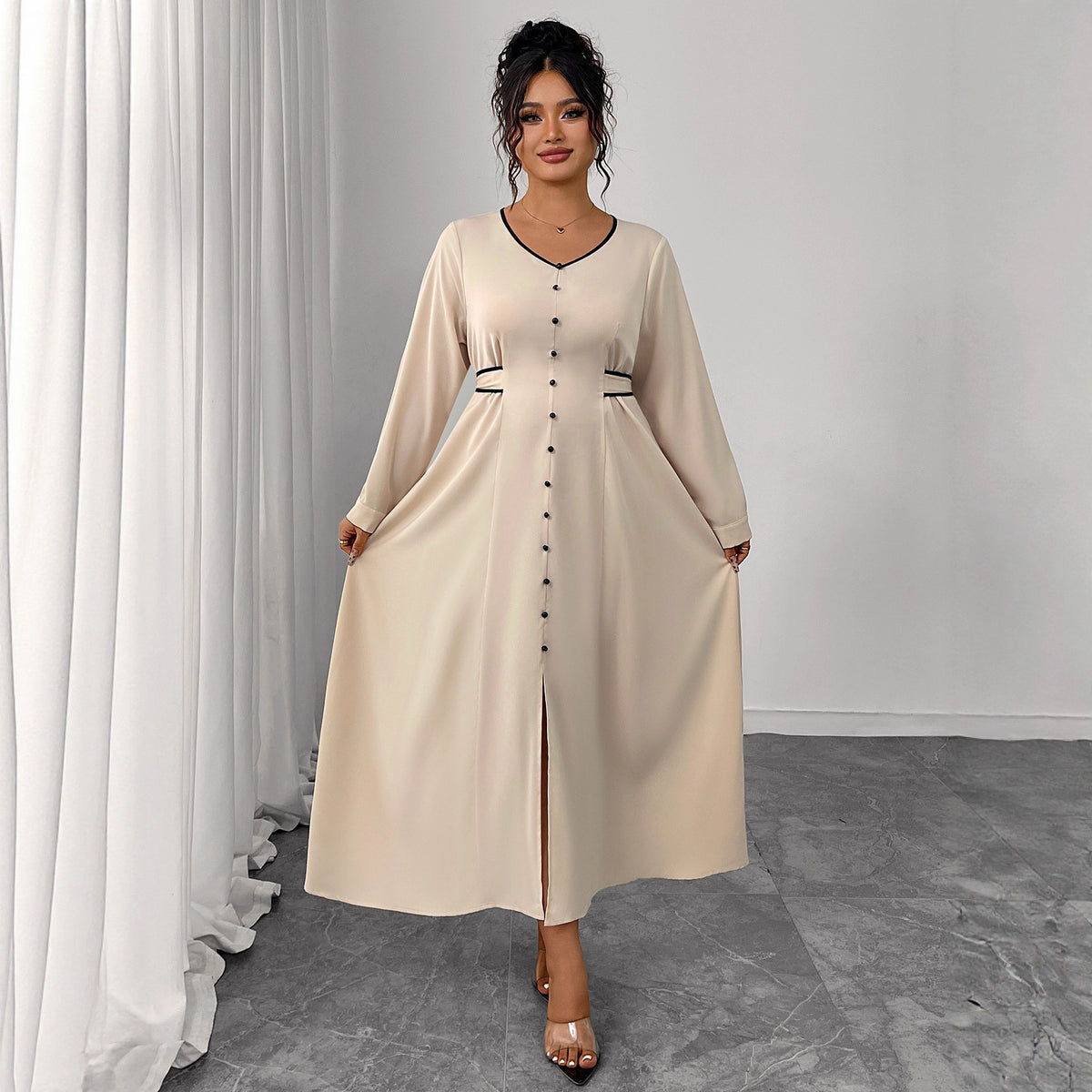 Plus Size Waist-Defining Long Sleeve Dress