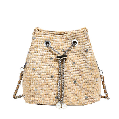 Trendy Women's Woven Bucket Bag with Pearl & Rhinestone Accents