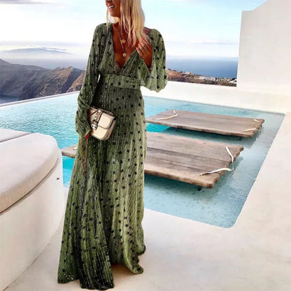 Green Gradient Polka Dot Maxi Dress With Deep V Neck
