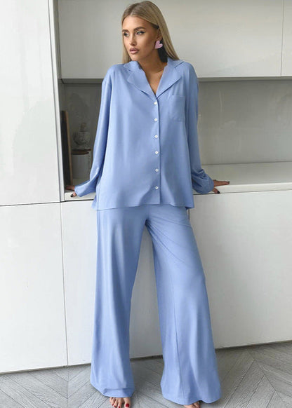 Satin Wide Leg Pajama Set in Blue