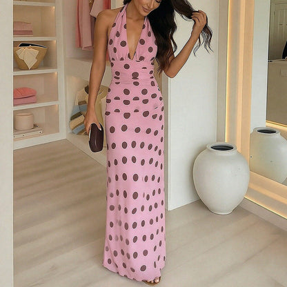 Polka Dot V-Neck Maxi Dress Casual Elegant Style
