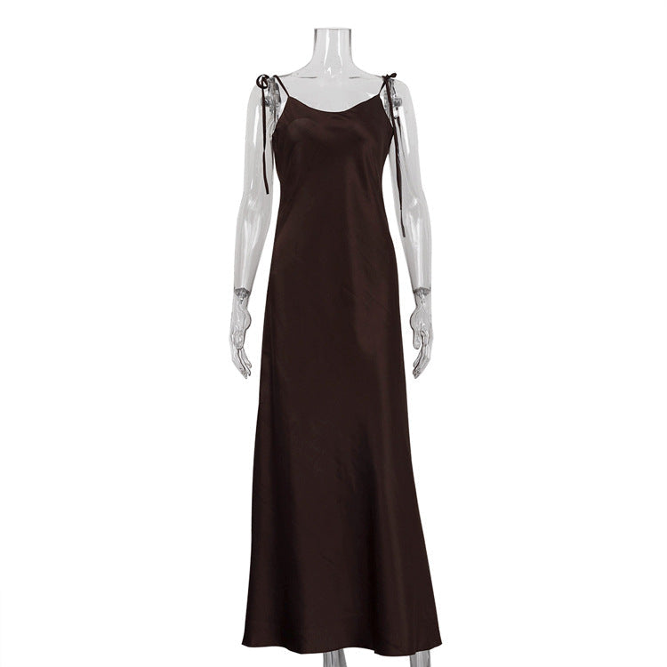 Sleek Brown Long Slip Dress with Adjustable Straps