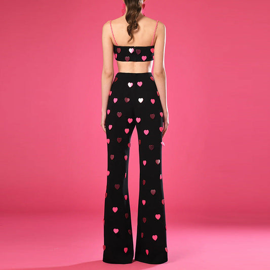 Heart Sequin Cami Jumpsuit Set Trendy Casual