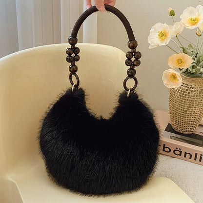 Winter Solid Soft Fluffy Underarm Handbag