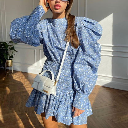 Floral Print Pleated Mini Dress with Long Sleeves