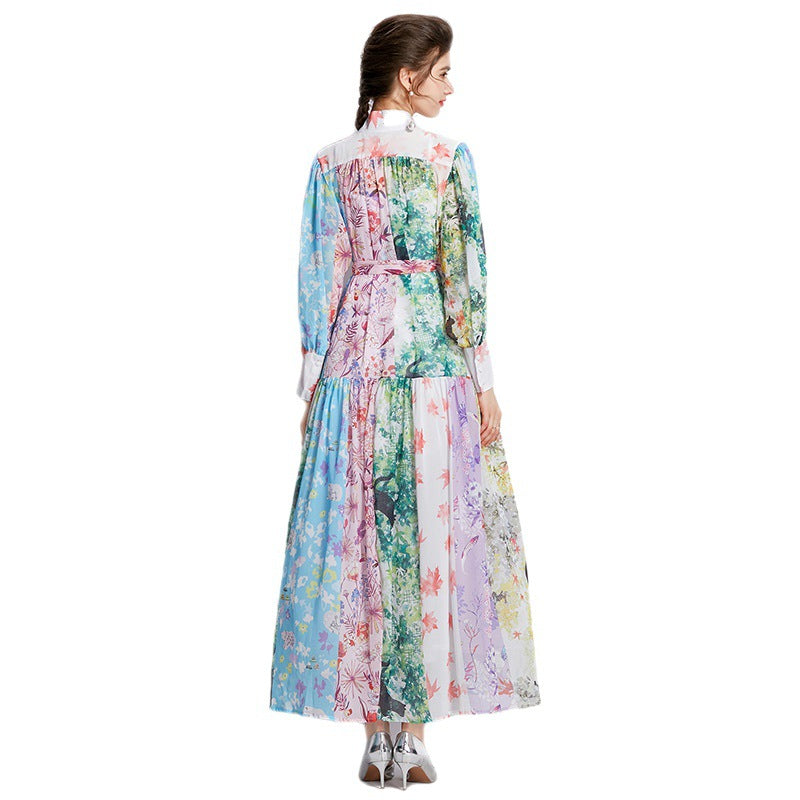 Dresses Spring And Summer Women'S Fashion Temperament Long Sleeve Print Shirt Long Skirt Tie Skirt