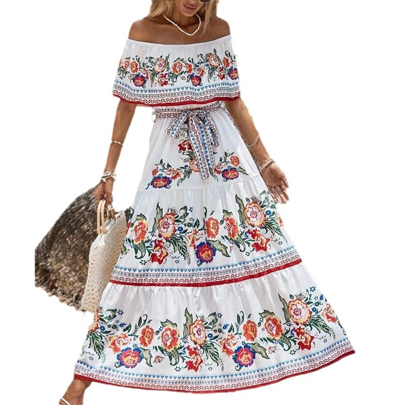 Spring And Summer New One-Shoulder Print Long Swing Dress