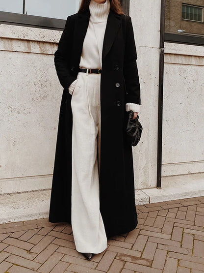 Casual Long Solid Color Wool Blend Coat