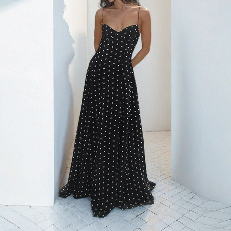 Elegant Casual Polka Dot Print Maxi Dress with Spaghetti Straps
