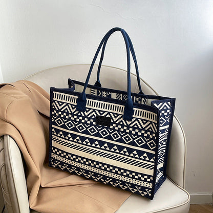 Geometric Canvas Tote Bag Durable Zipper Shoulder Bag