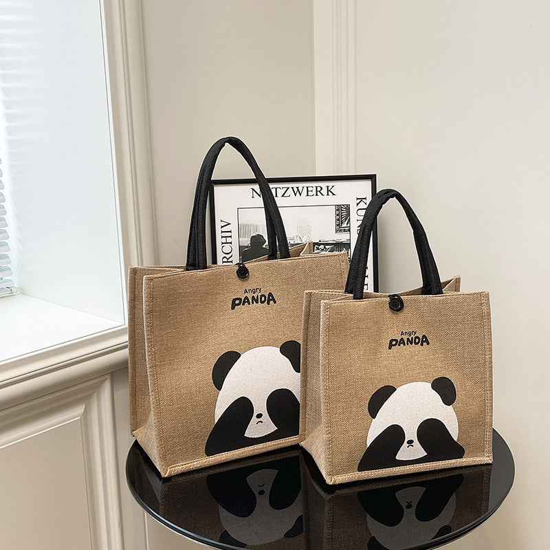 Portable Panda Canvas Tote Bag Cute Retro Shopping Bag
