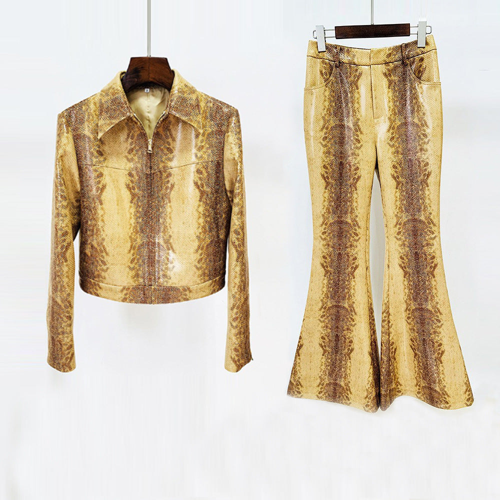 Snake Skin Pattern Faux Leather Jacket & Flared Pants Set