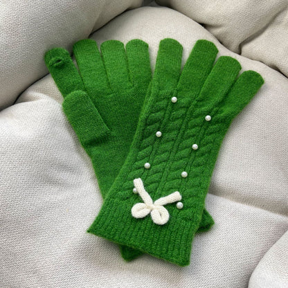 Solid Color Bow Knot Wool Winter Gloves