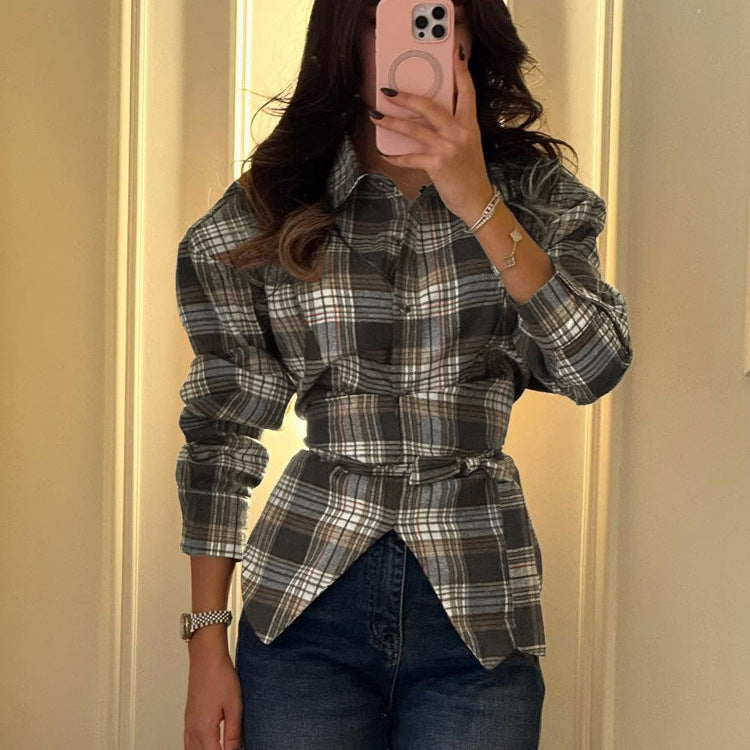 Trendy Checkered Waist Design Women's Shirt