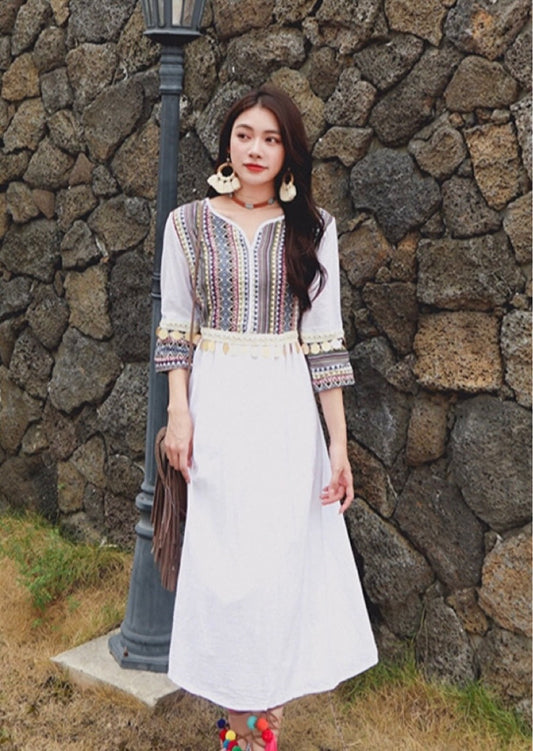 Ethnic Style New Spring And Summer Splicing Patch Cotton Linen Tassel Dress