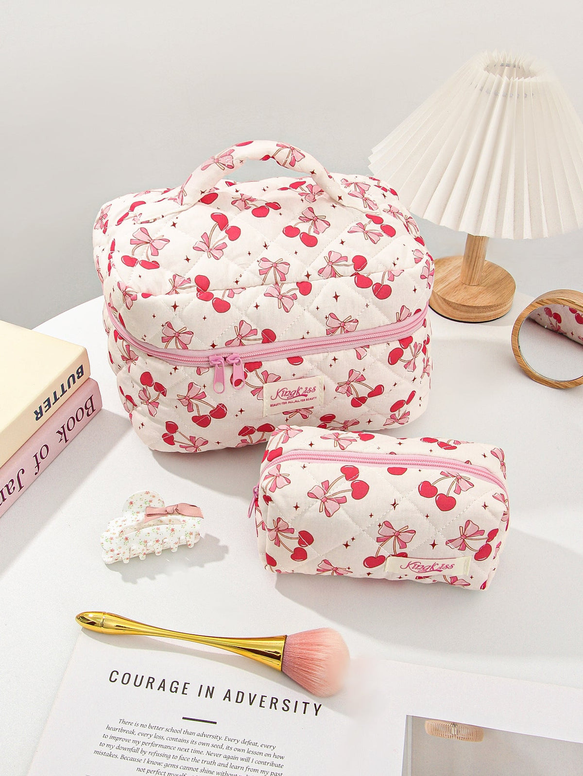 Cute Cherry Bow Print Travel Makeup Bag
