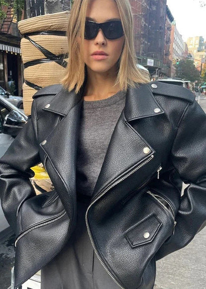 Oversized Faux Leather Moto Jacket With Zipper Details