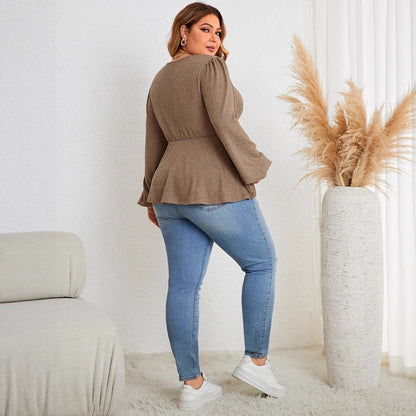 Casual V-Neck Long Sleeve Top for Plus Size Women
